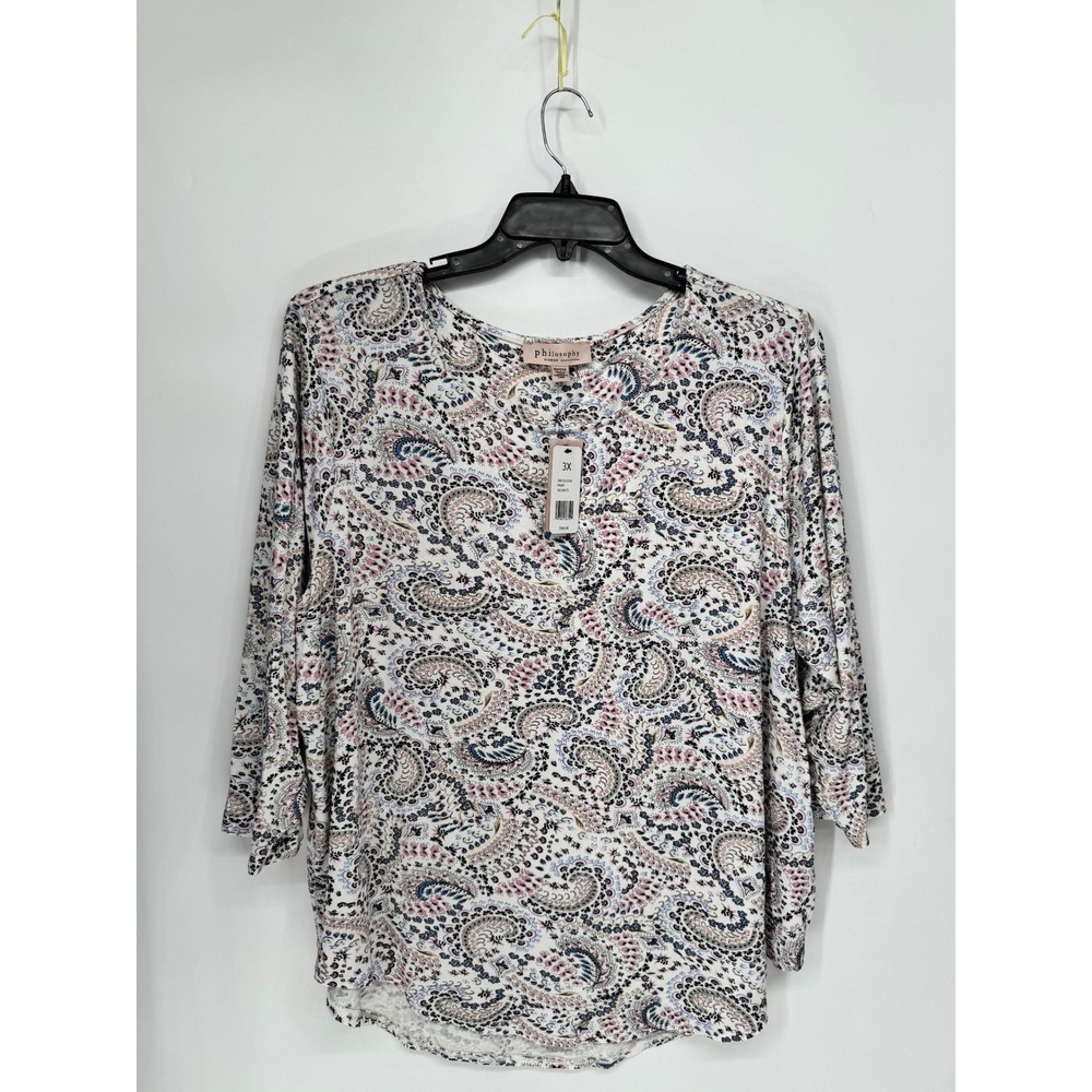Philosophy Paisley Knit Top Womens 3X White New 3/4 Sleeve Round Neck 30015101W